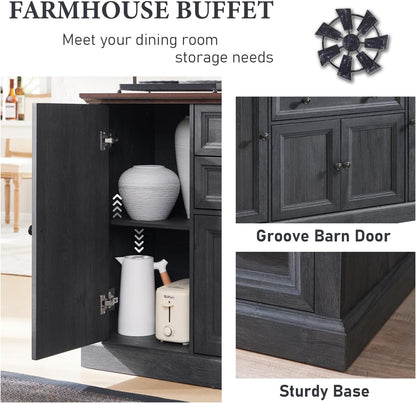 Farmhouse Sideboard Buffet Cabinet with Storage, 58'' Large Coffee Bar Stroage Cabinet with 2 Drawers and 4 Doors, Wood Rustic Accent Cabinet for Dinning Room, Hallway, and Living Room, Dark  - WoodArtSupply