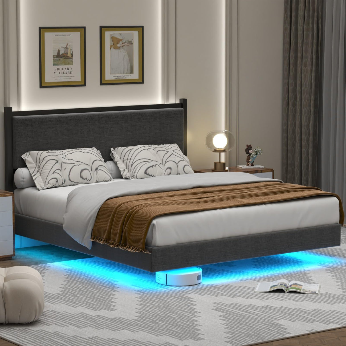Gyfimoie Modern Queen Floating Bed Frame with LED Lights - Stylish Upholstered Platform for Effortless Assembly Gyfimoie