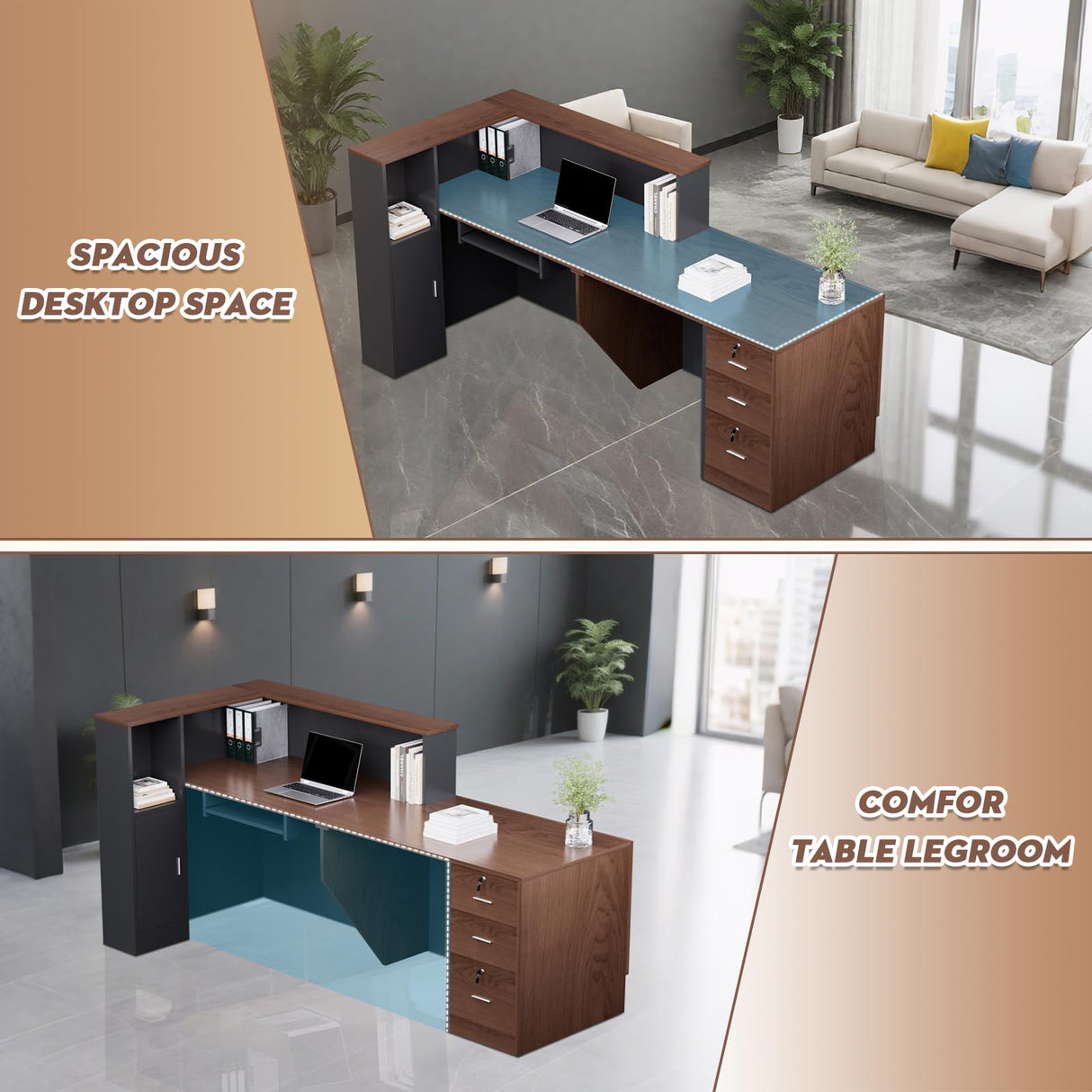 kaiwrxin L-Shaped Modern Reception Desk with Counter & Storage - 84" Large Office Front Desk, Salon Checkout Counter with Lockable Cabinets, Shelves (Brown & Black, Right - 84''L x 34''W x 41''H) kaiwrxin