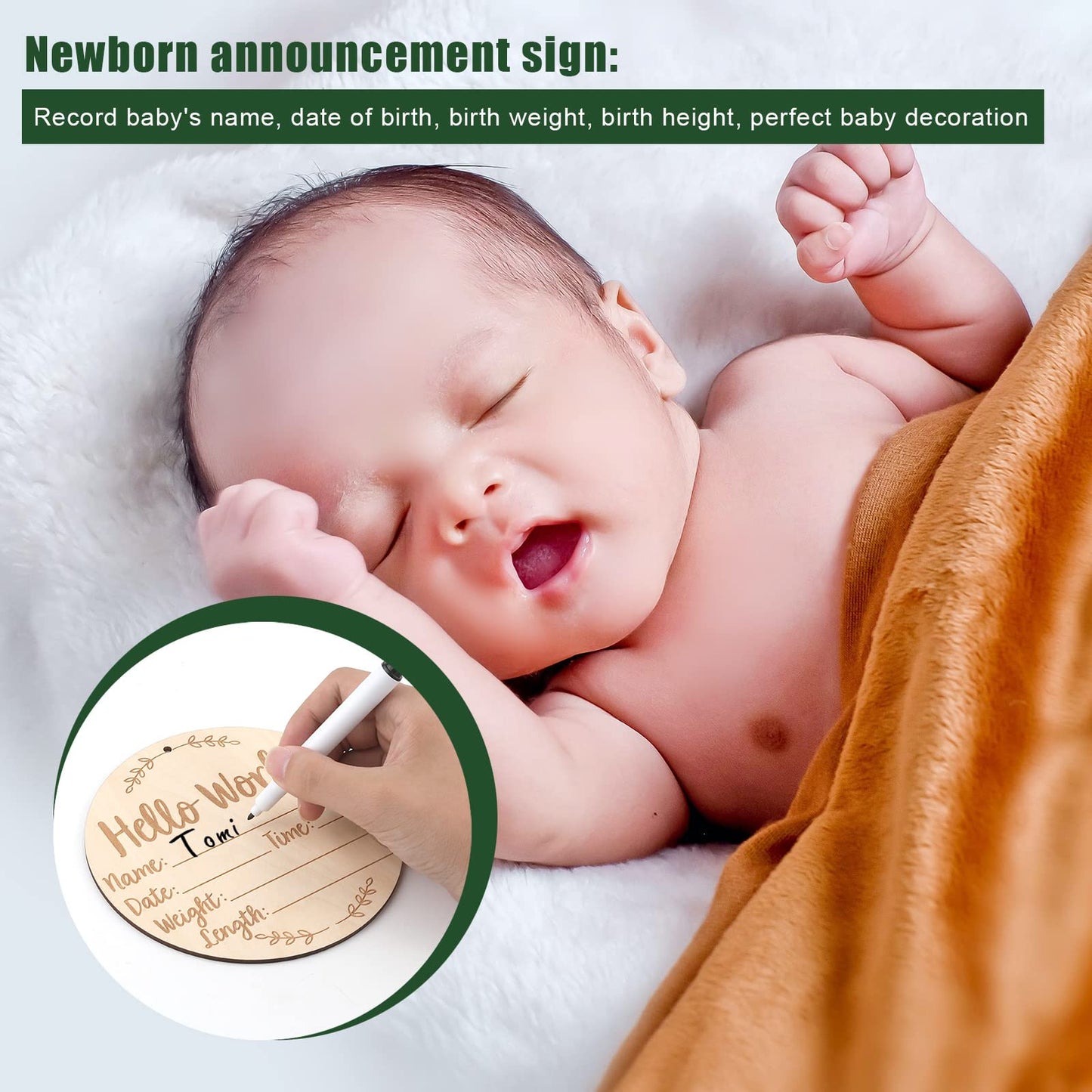 Baby Announcement Sign, 5.9 Inch Round Baby Nursery Name Signs with Ink Pad for Baby Hand and Footprints Wooden Hello World Newborn Sign for Photo