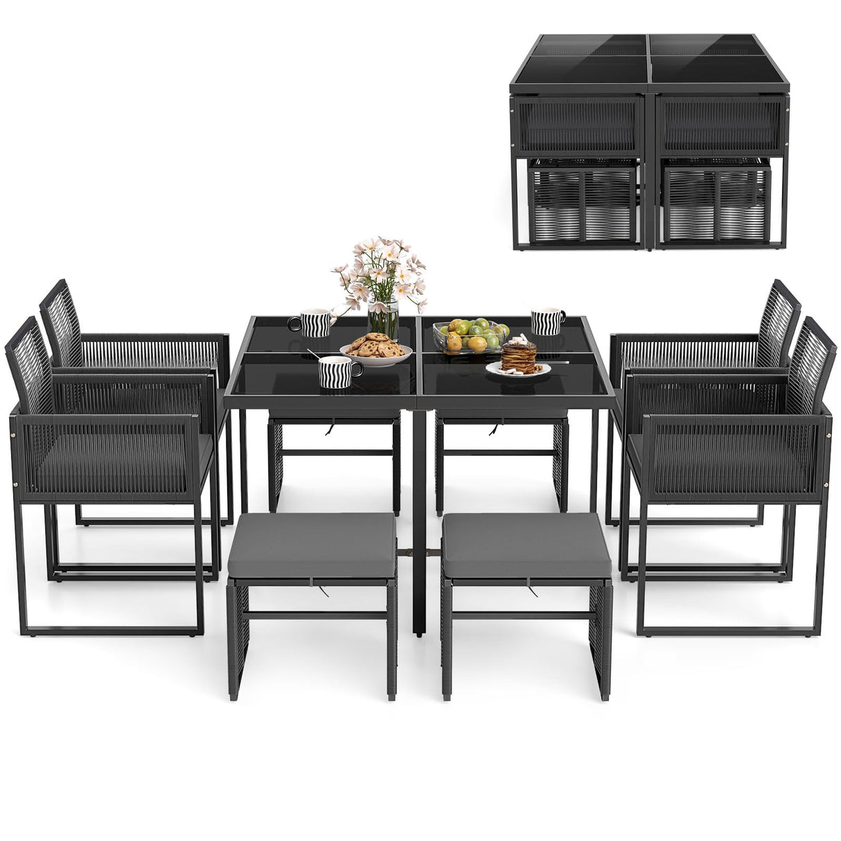 Tangkula 9 Pieces Patio Dining Set, Outdoor Space-Saving Furniture Set with PE Rattan Chairs, Tempered Glass Table and Ottomans, Outdoor Sectional Conversation Set with Cushions for Yard Tangkula