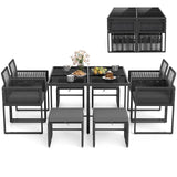 Tangkula 9 Pieces Patio Dining Set, Outdoor Space-Saving Furniture Set with PE Rattan Chairs, Tempered Glass Table and Ottomans, Outdoor Sectional Conversation Set with Cushions for Yard Tangkula