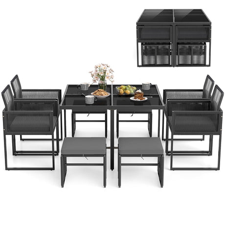 Tangkula 9 Pieces Patio Dining Set, Outdoor Space-Saving Furniture Set with PE Rattan Chairs, Tempered Glass Table and Ottomans, Outdoor Sectional Conversation Set with Cushions for Yard Tangkula