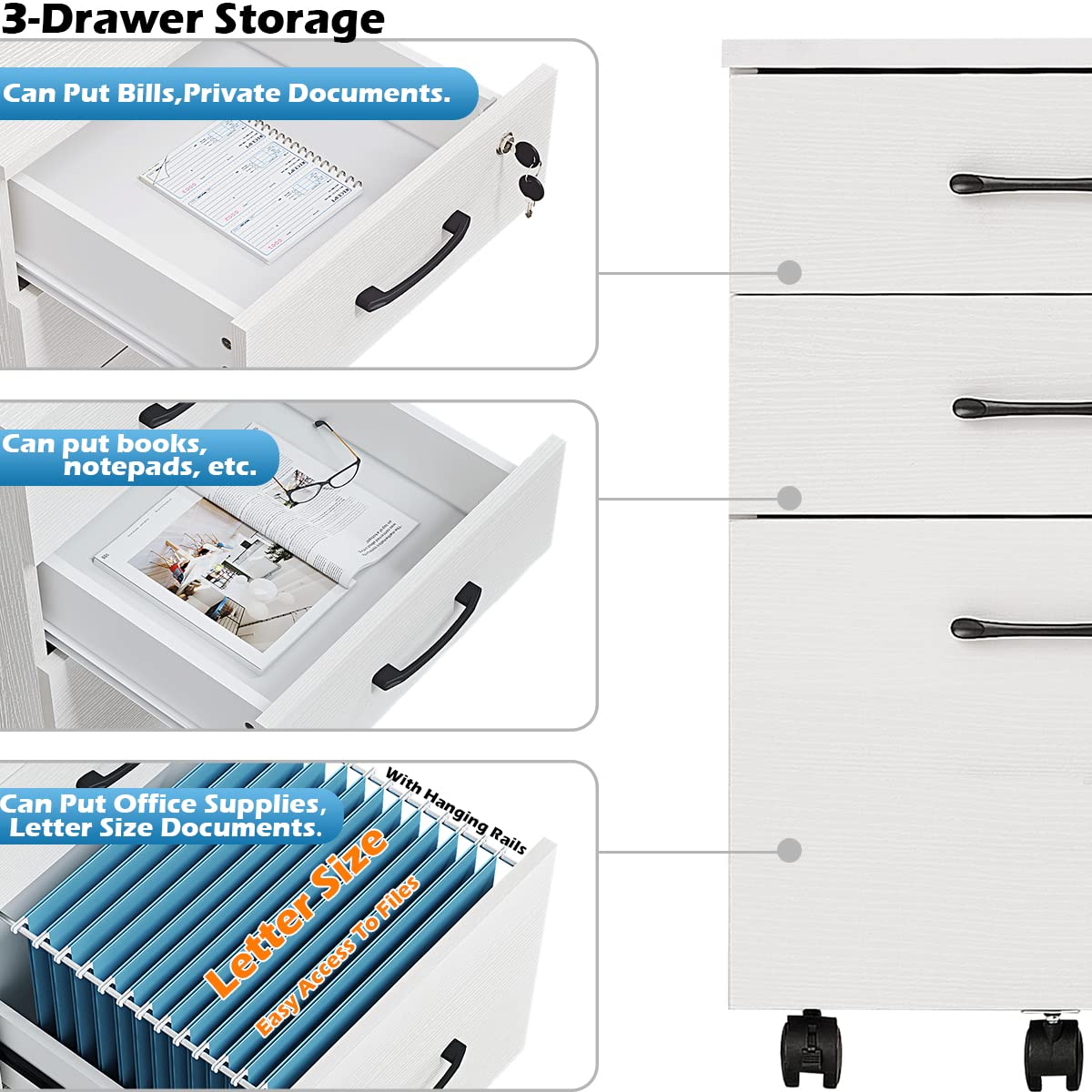 Panana 3 Drawer Wood Mobile File Cabinet, Under Desk Storage Drawers Small File Cabinet for Home Office (White) - WoodArtSupply