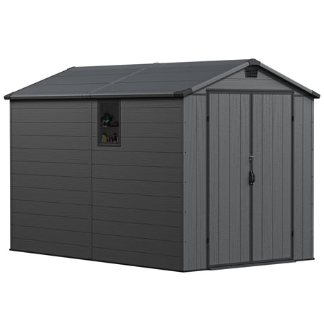 Greesum 6×10FT Plastic Outdoor Storage Shed with Floor, Resin Storaged Sheds with Lockable Double Door, Windows & Vents, All-Weather Tool Sheds for Garden, Backyard, Patio, Dark Gray Greesum