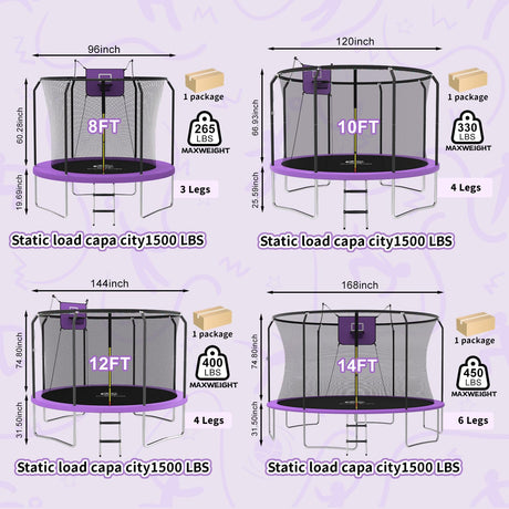 ACWARM HOME 12FT Trampoline for Kids and Adults, Trampoline with Basketball Hoop and LED Lights, ASTM Approved, Purple ACWARM HOME