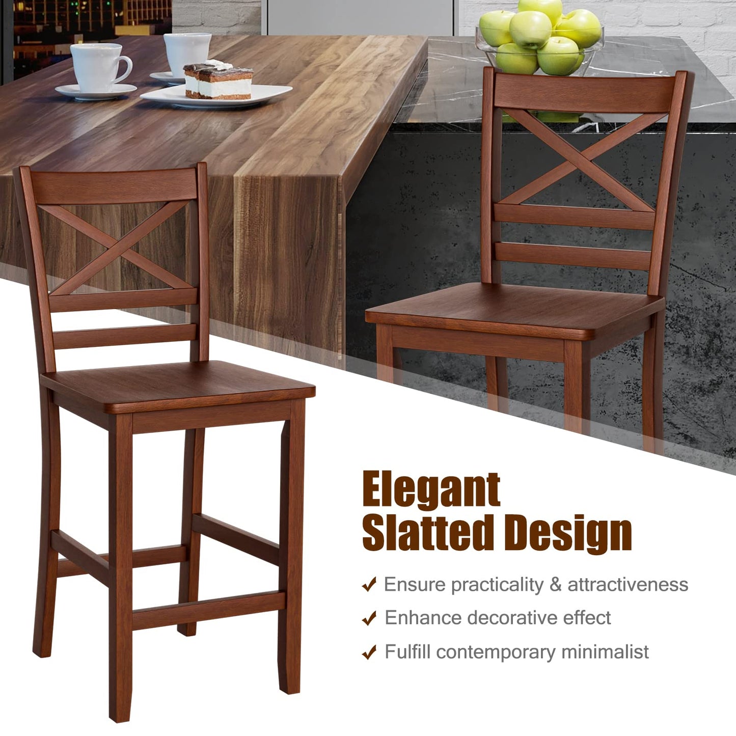 COSTWAY Bar Stools Set of 2, 25'' Antique Kitchen Counter Height Chairs with Wooden X-Shaped Backrest & Rubber Wood Legs, Suitable for Home, Cafe