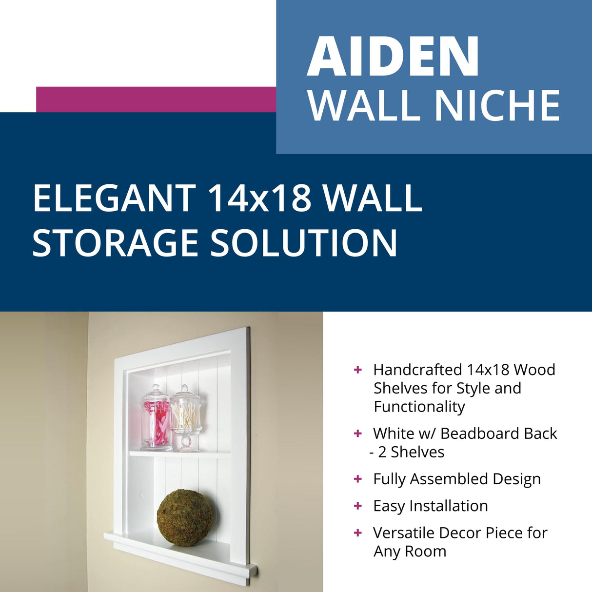 Fox Hollow Furnishings 14x18 Aiden Recessed Wall Niche Medicine Cabinet Replacement, in The Wall Bathroom Cabinet Insert Shelf/Shelves, Made in North America, Real Wood, NO MDF, Beadboard, White Fox Hollow Furnishings