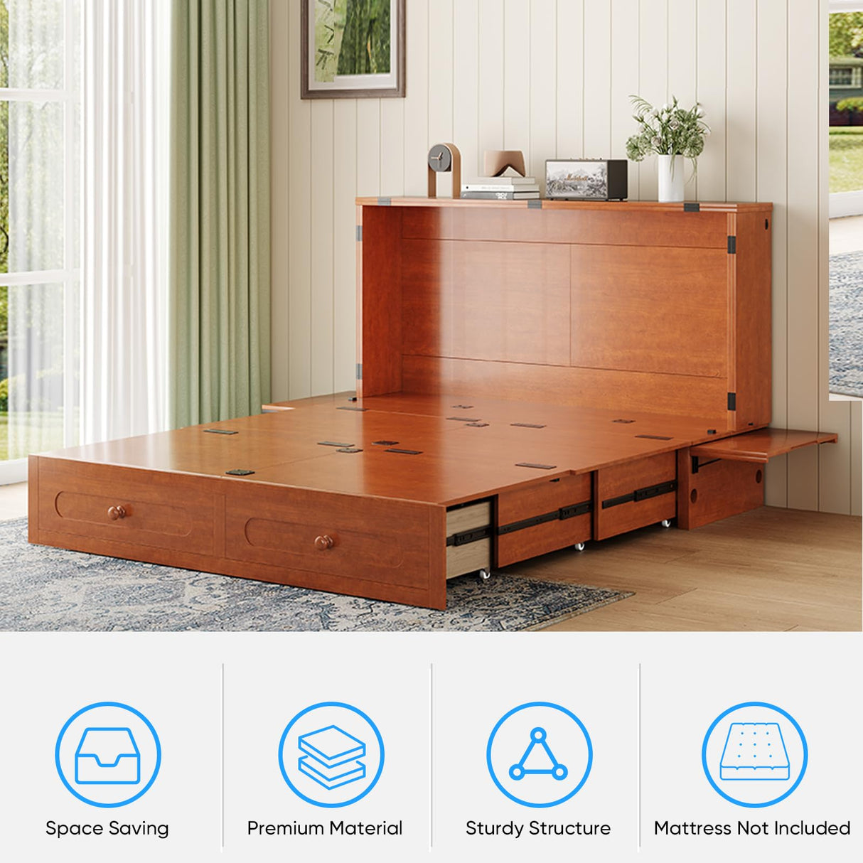 PUREMIND Queen Murphy Bed Cabinet - Solid Wood - Hideaway Chest Bed Frame with Storage Drawers, USB Charging Ports - Space Saving Wallbed for Bedroom, Guest Room, No Mattress Included (Cherry) PUREMIND