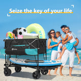 Sekey 400L Double Decker Beach Wagon 50''L Extra-Long Extended Shelf, Collapsible Wagon Cart with 500lbs Capacity, Heavy Duty Folding Wagon All-Terrain Wheels for Camping, Sports, Garden.Black Sekey