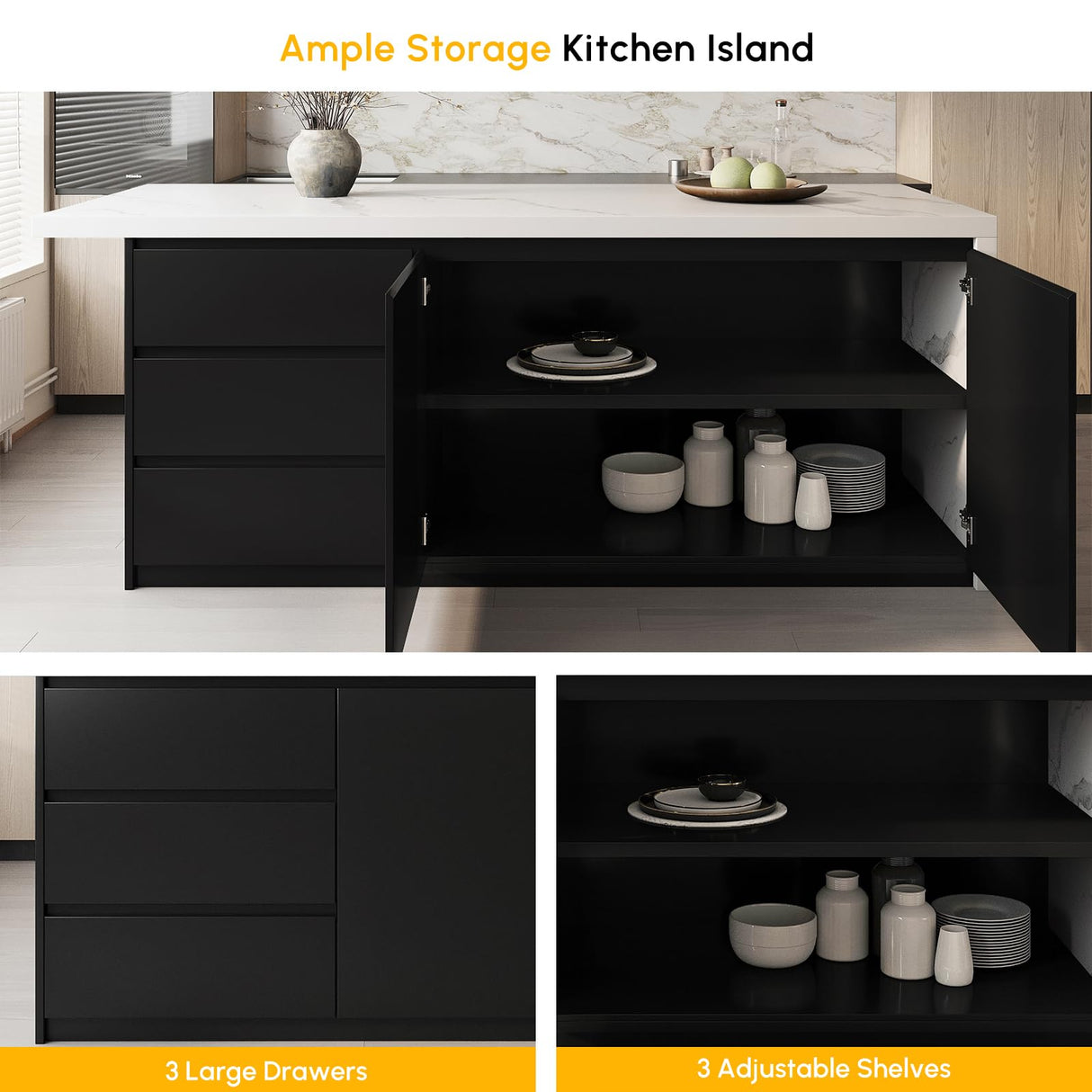 homary 72" Modern Kitchen Island with Storage & Seating White & Black Island Table for Kitchen with Drawers & Cabinet homary