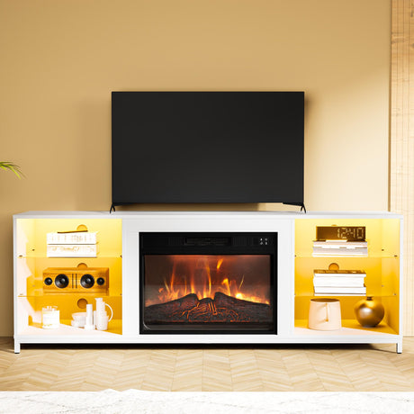 Cozy Castle White Fire TV Stand with Electric Fireplace Insert, Modern Fire Entertainment Center, Wooden TV Stand 70 inch with LED Light & Storage, Living Room/Bedroom/Apartment Cozy Castle