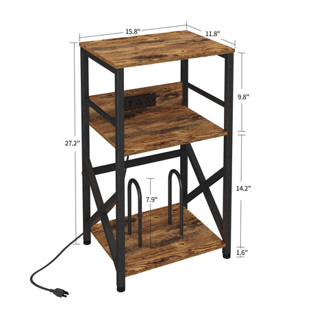 DALEMHOME Record Player Stand with Charging Station, Turntable Stand with Storage, Record Table for Vinyl, 3 Tier End Table for Living Room, Bedroom, Rustic Brown HKET1001BR DALEMHOME