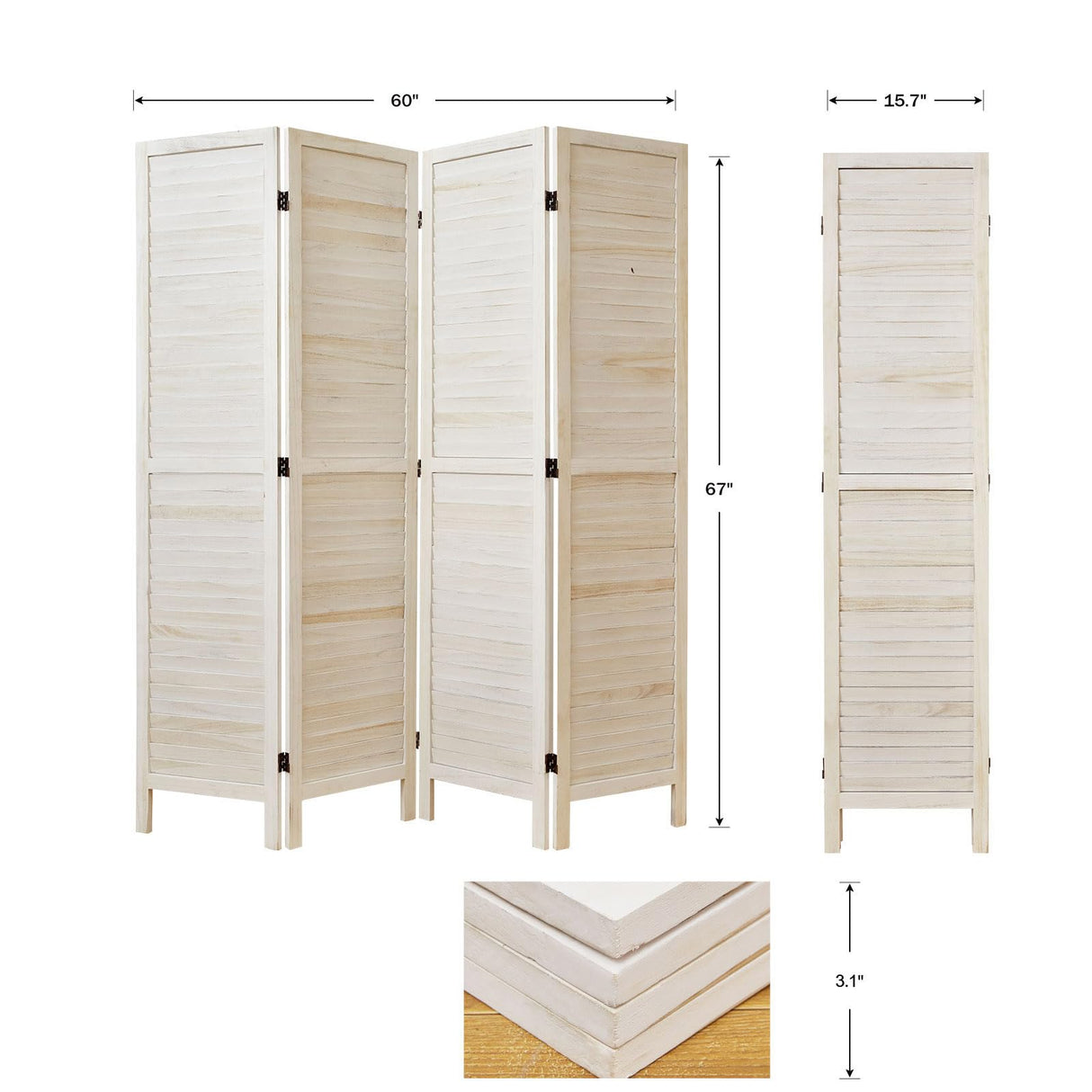Room Dividers and Folding Privacy Screens, Wood Louvered Separators Divider Wall for Home Office Bedroom - 4 Panels, 67 * 60inch (White-Washed) Svimi