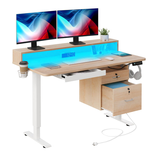 YITAHOME Height Adjustable Electric Standing Desk with Drawers, 48 x 24 Inches Sit Stand Desk with Power Outlets & LED Lights, Electric Desk Stand Up Desk with Monitor Stand, Oak - WoodArtSupply