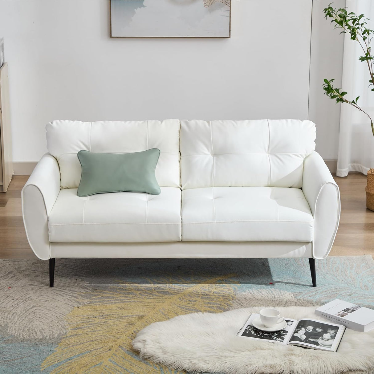 TYBOATLE Sofa Couch 61" Loveseat Couches for Living Room, White Faux Leather Couch Mid Century Modern Tufted Mini Sofa Comfy Office 2 Seat Settee Love Seat Small Couches for Small Spaces Bedroom TYBOATLE