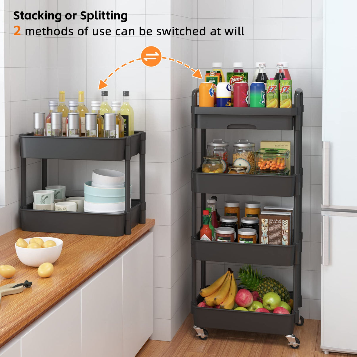 Calmootey 4-Tier Rolling Utility Cart with Drawer,Multifunctional Storage Organizer with Plastic Shelf & Metal Wheel,Storage Cart for Kitchen,Bathroom,Living Room,Office,Black Calmootey