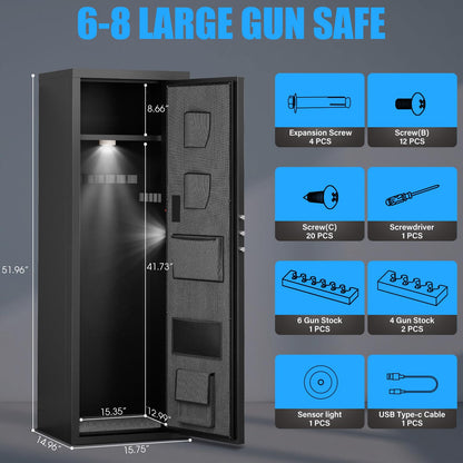 6-8 Rifle Gun Safe for Shotguns, Large Unassembled Fingerprint Gun Safe for Home Rifle and Pistols with Dual Alarm and Mute Mode, Long Gun Safe for Rifles with Touchscreen Pad, Removable Shelves