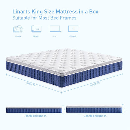 LINARTS King Mattress, 10 Inch King Size Hybrid Mattress in a Box with Pocket Spring & Soft Knitted Fabric for Comfort, Motion Isolation, Pressure Relief, Edge Support, Improve Sleep, Medium Firm