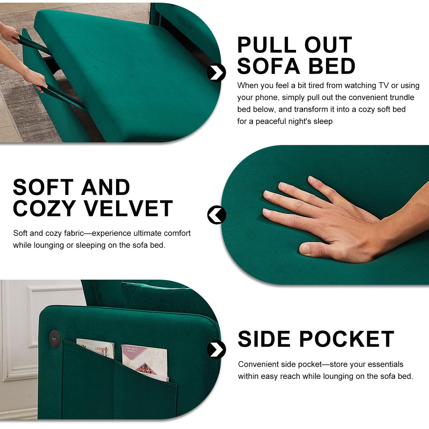 howcool 3 in 1 Convertible Sleeper Futon Sofa Bed, 55" Velvet Small Loveseat Lounge Couches with 2 Pillows, Reclining Backrest, USB Ports & Side Pockets for Living Room, Pull-Out Couch, Green - WoodArtSupply