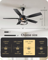 EDISHINE 52" Black Farmhouse Ceiling Fans With Lights, Remote Control, Reversible DC Motor, Dimmable, 5 Wooden Blades Rustic Indoor/Outdoor Ceiling Fan for Living Room Bedroom Porch EDISHINE