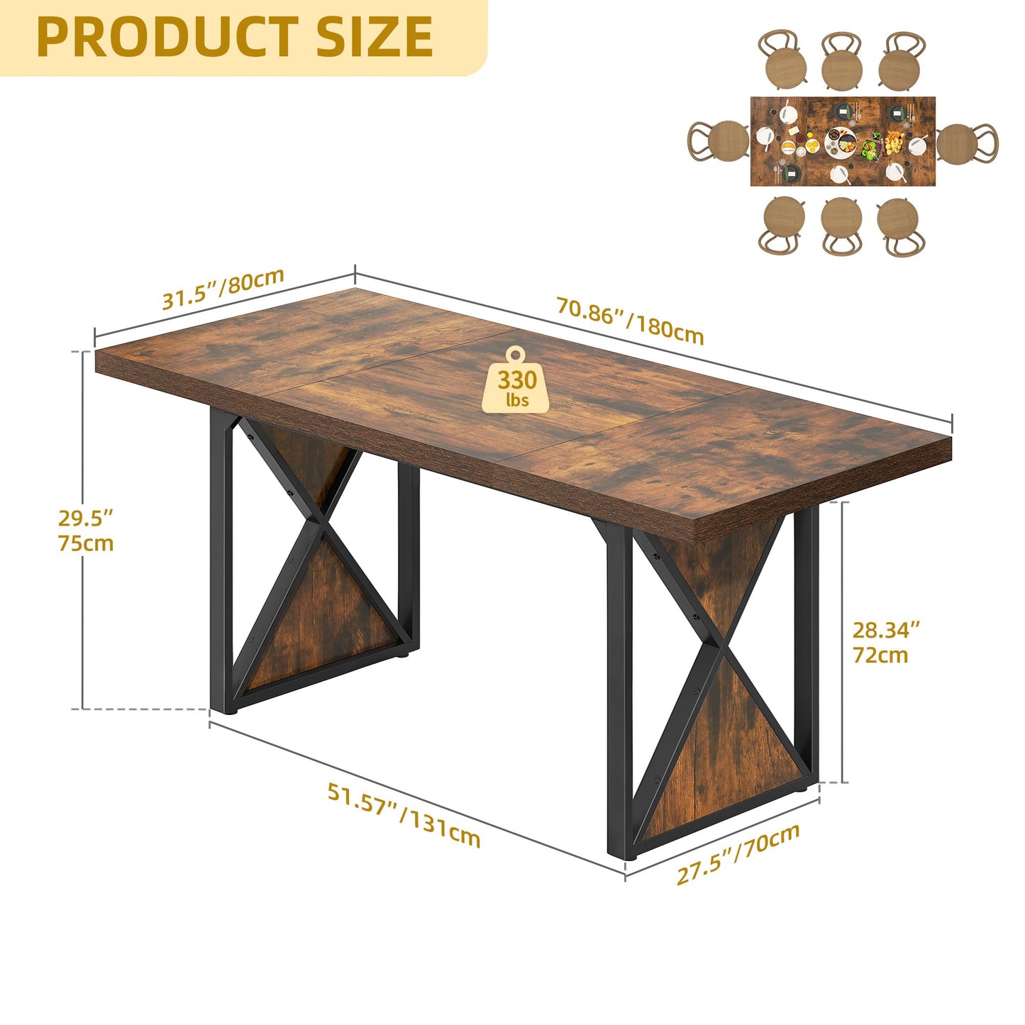 DWVO Farmhouse Dining Table for 6-8 People, 70.8-Inch Rectangular Wood Dining Table, Rustic Kitchen Dinner Table with Heavy Duty Metal Legs for Dining Room (Rustic Brown) - WoodArtSupply