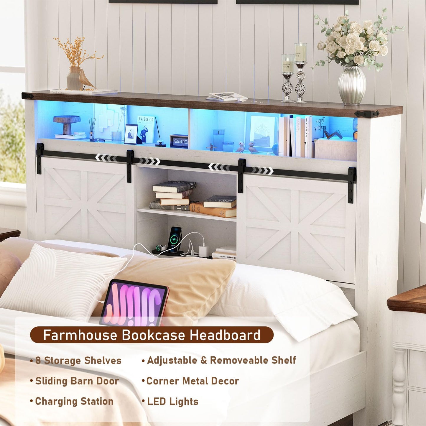 Rustic Farmhouse Queen Size Bed Frame with LED Lights & Storage Bookcase Headboard - WoodArtSupply