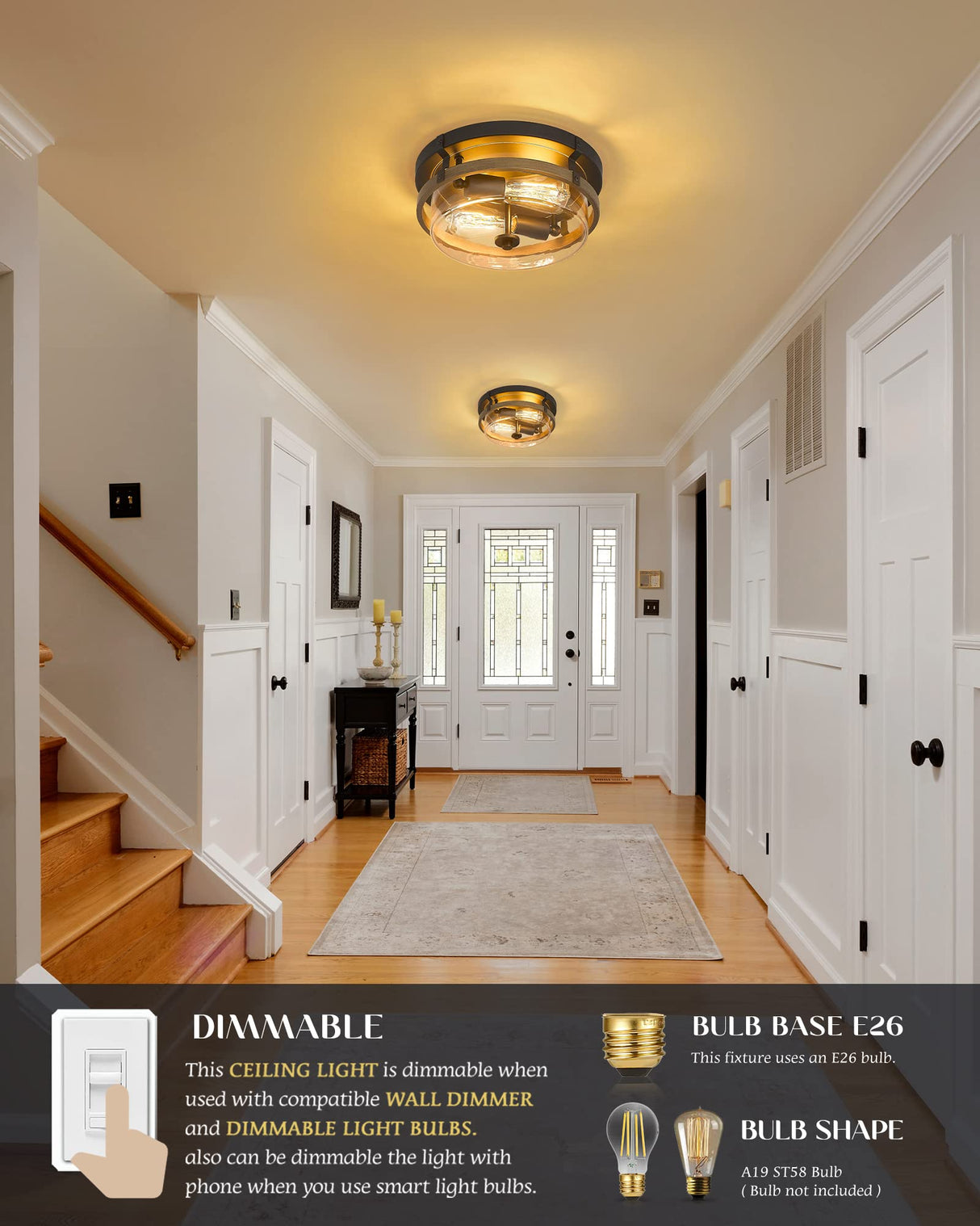 EAPUDUN Farmhouse Ceiling Light, Wooden Flush Mount Ceiling Light Fixtures with Clear Glass Shade, Retro 2-Light Ceiling Lamp for Hallway Entryway Bedroom Kitchen Dining Room FMA1443-FBDT EAPUDUN