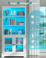 TVU 5-Tier Bookcase with Cabinet & LED, Wood 65 Inch Tall Bookshelf with Storage, Floor Standing Display Book Shelf for Living Room, Office, Study, Entryway (Antique White) TVU