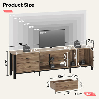 Bestier TV Stand for 75/80/85 inch TV, LED Gaming Entertainment Center, Modern TV Cabinet with Glass Shelves for Living Room, Media Console with 2 Storage Drawers & Cabinets for Bedroom, Pinewood