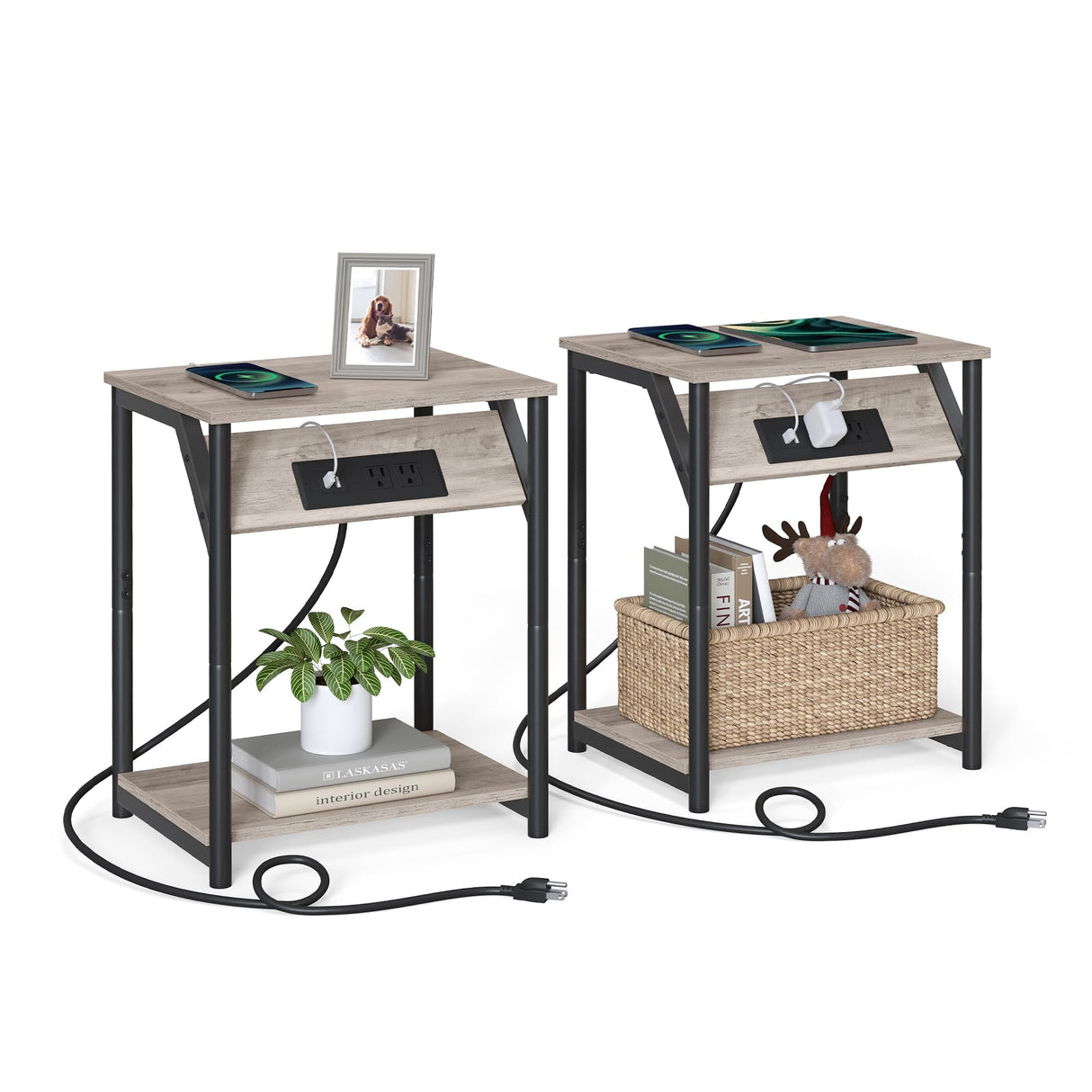 VASAGLE End Table with Charging Station, Set of 2, Small Side Tables for Living Room, Bedroom, Nightstand with Outlets and USB Ports, Bedside Table with Storage Shelf, Heather Greige and Black VASAGLE