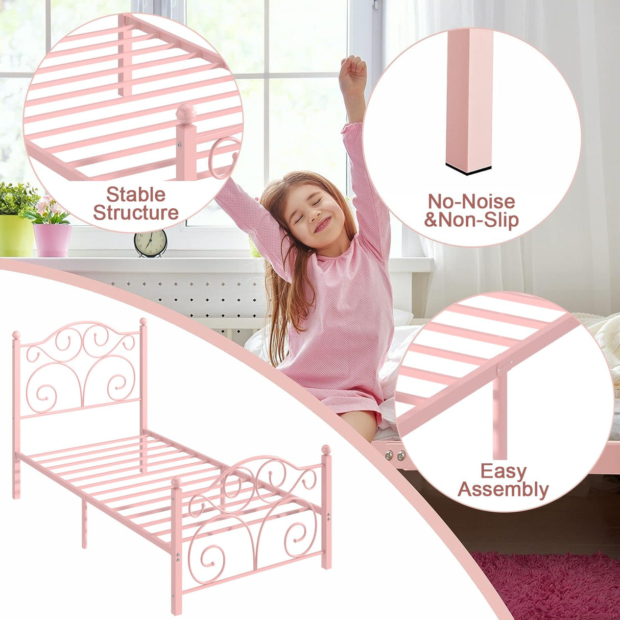 VECELO Twin Size Bed Frame with Headboard and Footboard, Heavy Duty Metal Slat Support, Platform Mattress Foundation, No Box Spring Needed, Easy Assembly, Light Pink VECELO