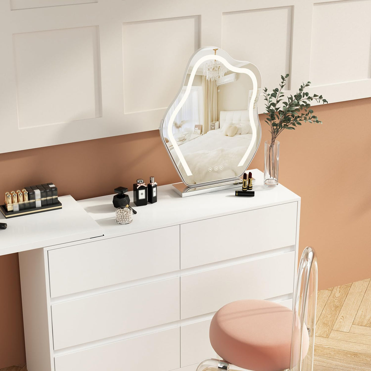 Hitow 6 Drawer Double Dresser with Makeup Vanity Desk, Deformable Wood Dresser Chest with Multifunctional Tabletop, Storage Chest of Drawers for Bedroom, White (51.2" W x 15.7" D x 31.5" H)