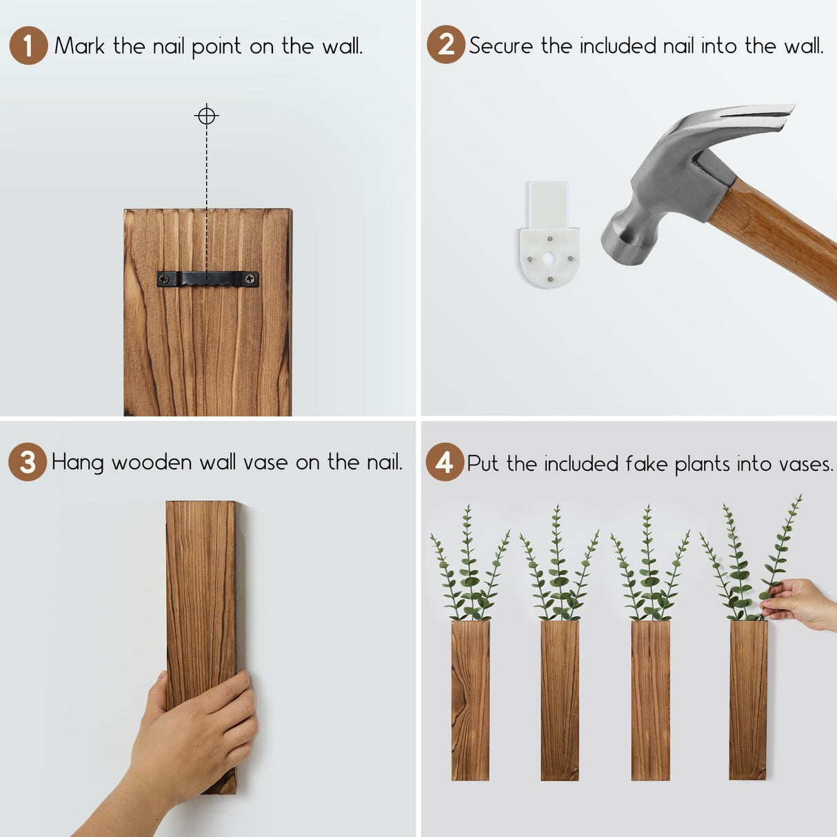 Mokof 4 Pack Wooden Wall Planters with Fake Eucalyptus Stems, Modern Farmhouse Wood Vases Plants Wall Decor for Living Room, Bedroom, Bathroom (Dark Brown) Mokof