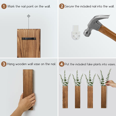 Mokof 4 Pack Wooden Wall Planters with Fake Eucalyptus Stems, Modern Farmhouse Wood Vases Plants Wall Decor for Living Room, Bedroom, Bathroom (Dark Brown) Mokof