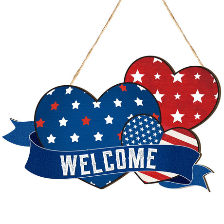 Geelin 4th of July Patriotic Welcome Sign for Front Door Independence Day Wood Heart Welcome Hanging Sign Memorial Day Hanging Wall Decor for Front Door Porch Home Wall Wreath Porch Decorations Geelin