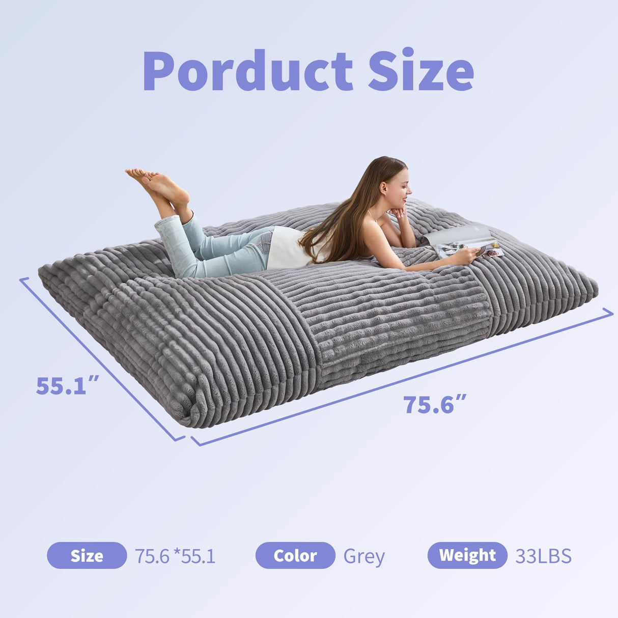 Hobestluk 3 in 1 Bean Bag Chair Giant Bean Bag Chairs Convertible Bean Bag Floor Cushion with Machine Washable Cover, Beanbag Chairs for Adult (Grey) Hobestluk