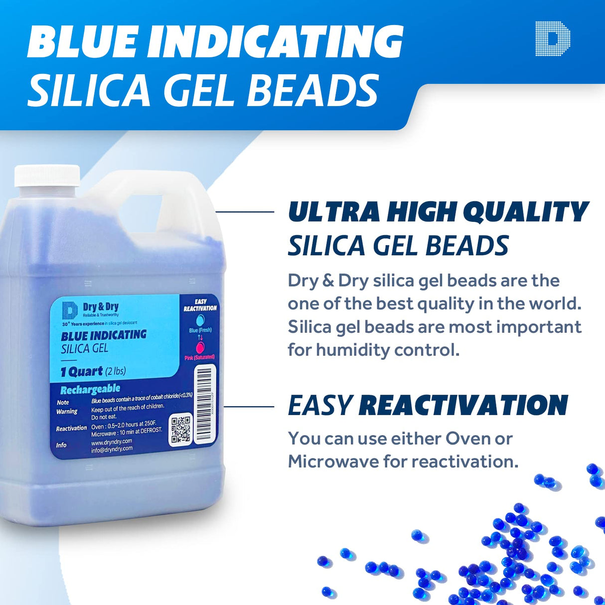Dry & Dry [2 LBS] Blue Indicating Silica Gel Beads Desiccants (Industry Standard 3-5 mm) - Reusable Desiccant Beads Silica Beads(Blue to Pink) Dry & Dry
