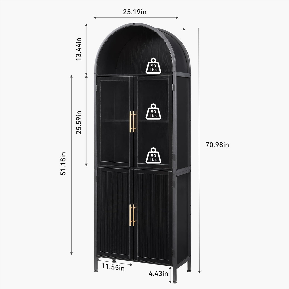 HUSHEDIFY Arched Bookcase Book Shelf with Glass Doors, 5 Tier Tall Display Bookshelf Cabinet with Storage, Industrial Floor Standing Bookshelves Open bookcases for Home Office, Living Room(Black) HUSHEDIFY