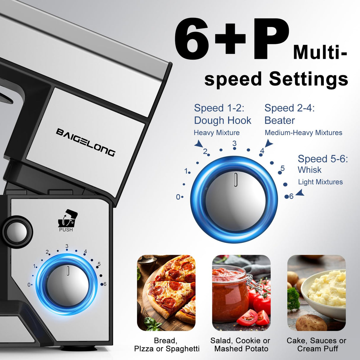 BAIGELONG 6+P Speeds Stand Mixer, 4.2QT Small Food Mixer with Stainless Steel Bowl, Dough Hook, Beater, Whisk & Scraper, Electric Kitchen Mixer Dough Mixer for Baking, Most Home Cooks, Silver BAIGELONG