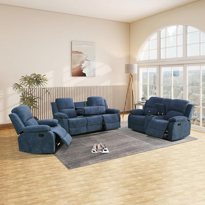 SIENWIEY Manual Recliner Sofa Set for Living Room, Reclining Couch Set with Cup Holders，3 Seats Sofa with Pull Down Coffee Table/2 Seats Loveseat with Storage Console/Single Chair（Blue Linen，3+2+1）