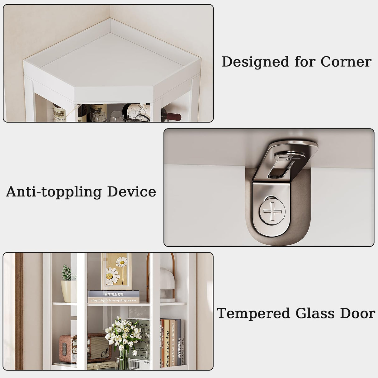 UKAOCAI 70''H Tall Corner Cabinet with Glass Doors,Farmhouse Storage Cabinet with 4 Shelves & Top Guard Rail,Home Pantry Hutch for Bar,Kitchen, Dining Living Room, Bathroom, White UKAOCAI