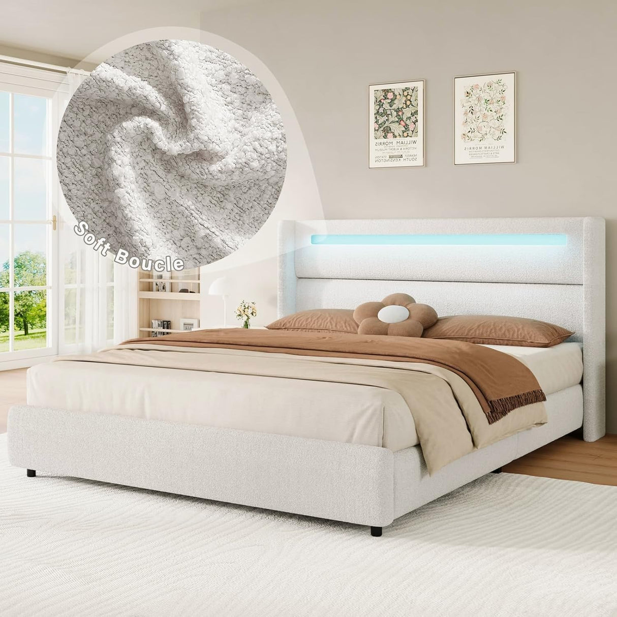 HOMBCK King Size Bed Frame with LED Lights and Headboard, Boucle Upholstered Platform Bed with Wingback Design, Modern Soft Bed Frame, No Box Spring Needed, Easy Assembly, Beige HOMBCK