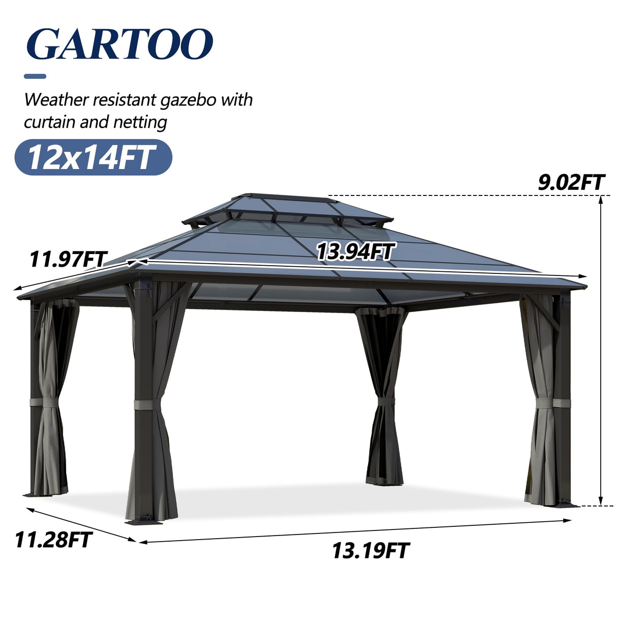 GARTOO 12x14FT Polycarbonate Hardtop Gazebo with Double Roof - Heavy-Duty Steel Frame Gazebo with Breathable Netting & Privacy Curtain for Patio, Porch, Garden, Lawn, Deck, Backyard GARTOO