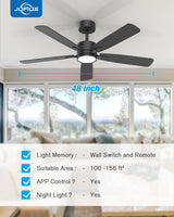 JOFIOS Ceiling Fans with Lights,48 inch Ceiling Fan with Light and Remote,Reversible,3CCT,6-speeds,Dimmable,Noiseless,Black Ceiling Fan for Bedroom, Kitchen,Living Room JOFIOS