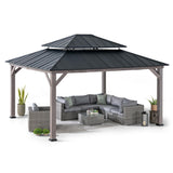 Sunjoy 13 x 15 ft. Wood Gazebo, Outdoor Patio Steel Hardtop Gazebo, Cedar Framed Wooden Gazebo with 2-tier Metal Roof, Suitable for Patios, Lawn and Backyard, Matte Black Roof + Gray Wood Frame Sunjoy