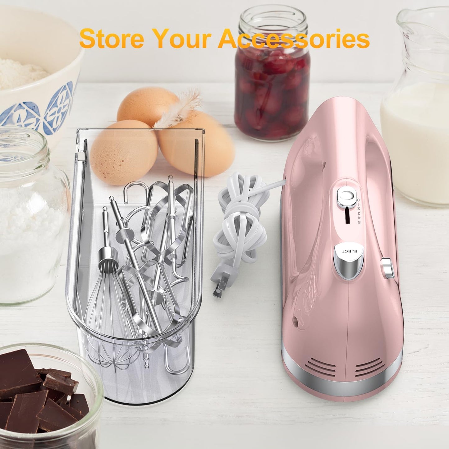 Hand Mixer Electric, 400W Food Mixer 5 Speed Handheld Mixer, 5 Stainless Steel Accessories, Storage Box, Kitchen Mixer with Cord for Cream, Cookies, Dishwasher Safe, Pink