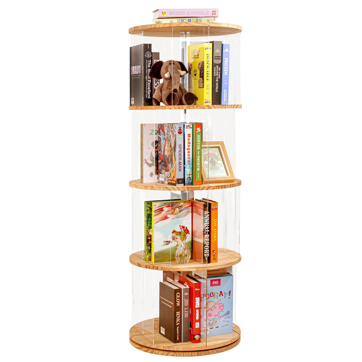 TAKEKIT 360° Rotating 4-Tier Bookshelf - Clear Acrylic & Wood Design for Playrooms, Bedrooms, and Living Rooms TAKEKIT