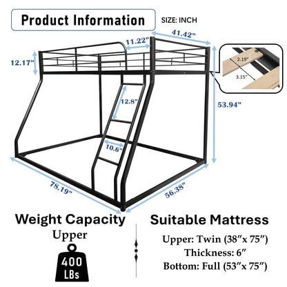 UOCFYK Twin Over Full Floor Bunk Bed, Metal Low Profile Bunk Bed Frame with Ladder and Guardrails, Wood Slat Support, No Noise, Easy Climbing & Assembled, Black