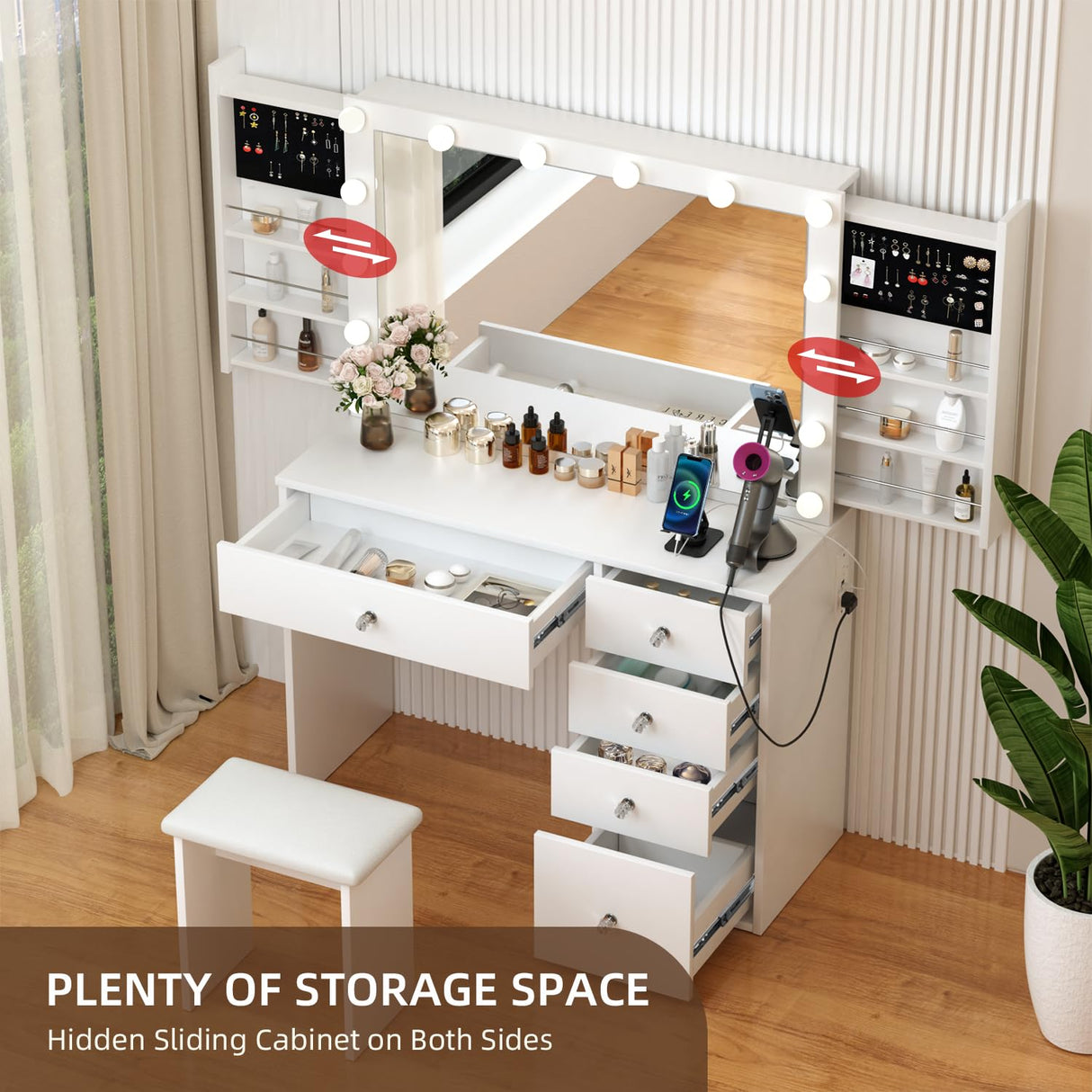 Makeup Vanity Desk with Lighted Mirror & Power Outlet & 5 Drawers, Vanity Table with 3 Lighting Modes Brightness Adjustable, Sliding Storage, White Vanity Set for Bedroom SMOOL